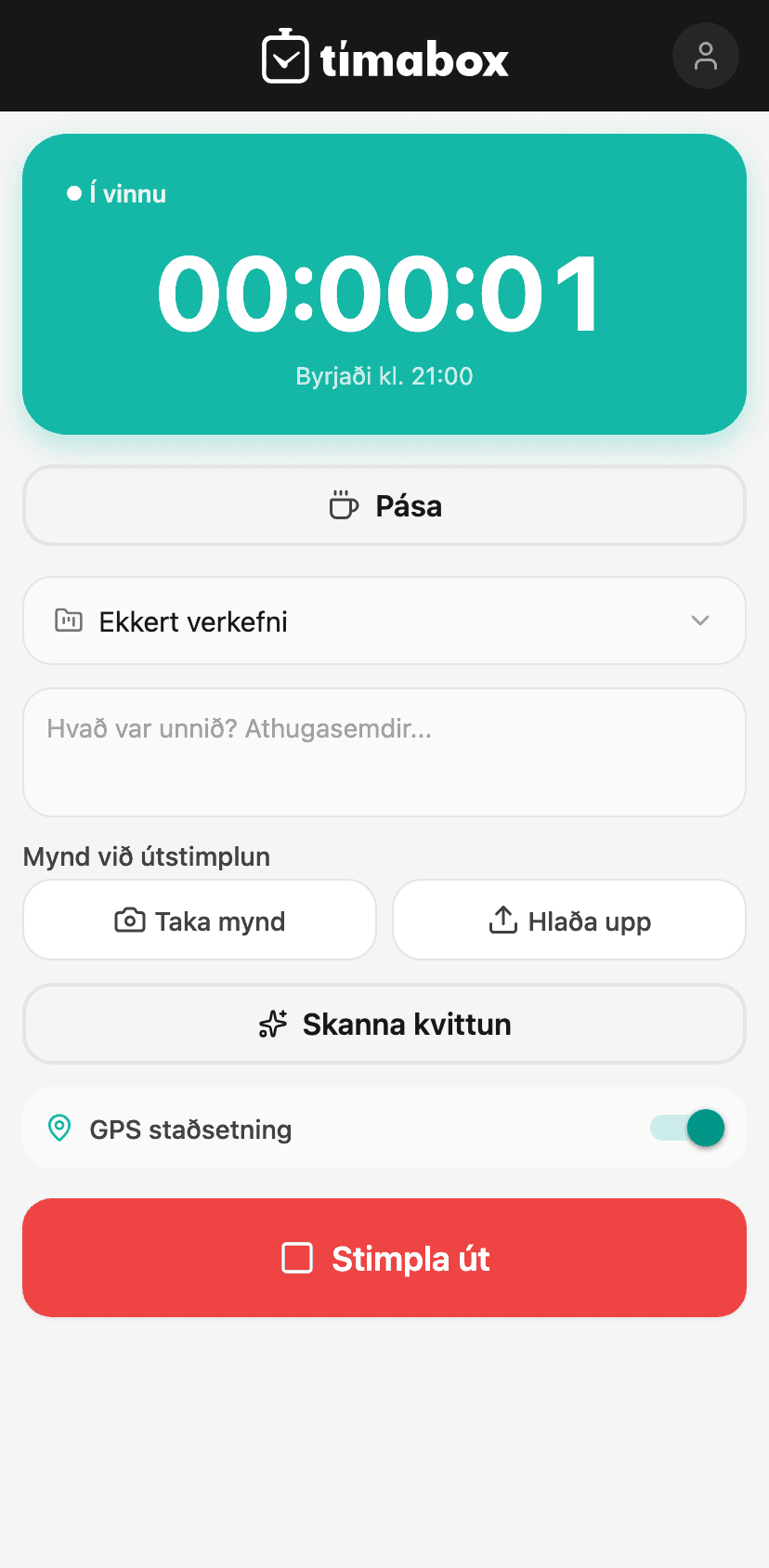 Tímabox appið - stimpla út
